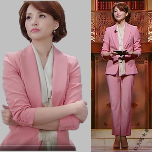 明星同款西装套装董卿粉色西服两件套小香风0l职业欧美外套女装潮