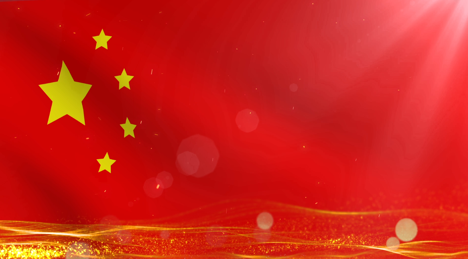 金色粒子光斑在飘扬的国旗上跳动背景视频素材