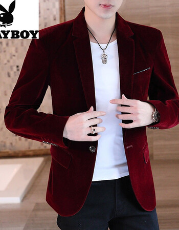 休闲灯芯绒西装男韩版修身潮流平绒小西服单西上衣外套潮酒红色4xl
