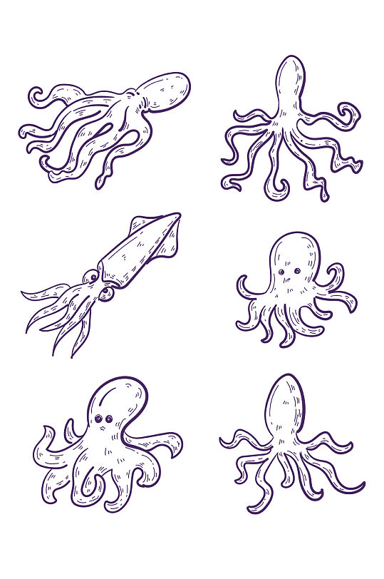 手绘线描章鱼装饰免抠