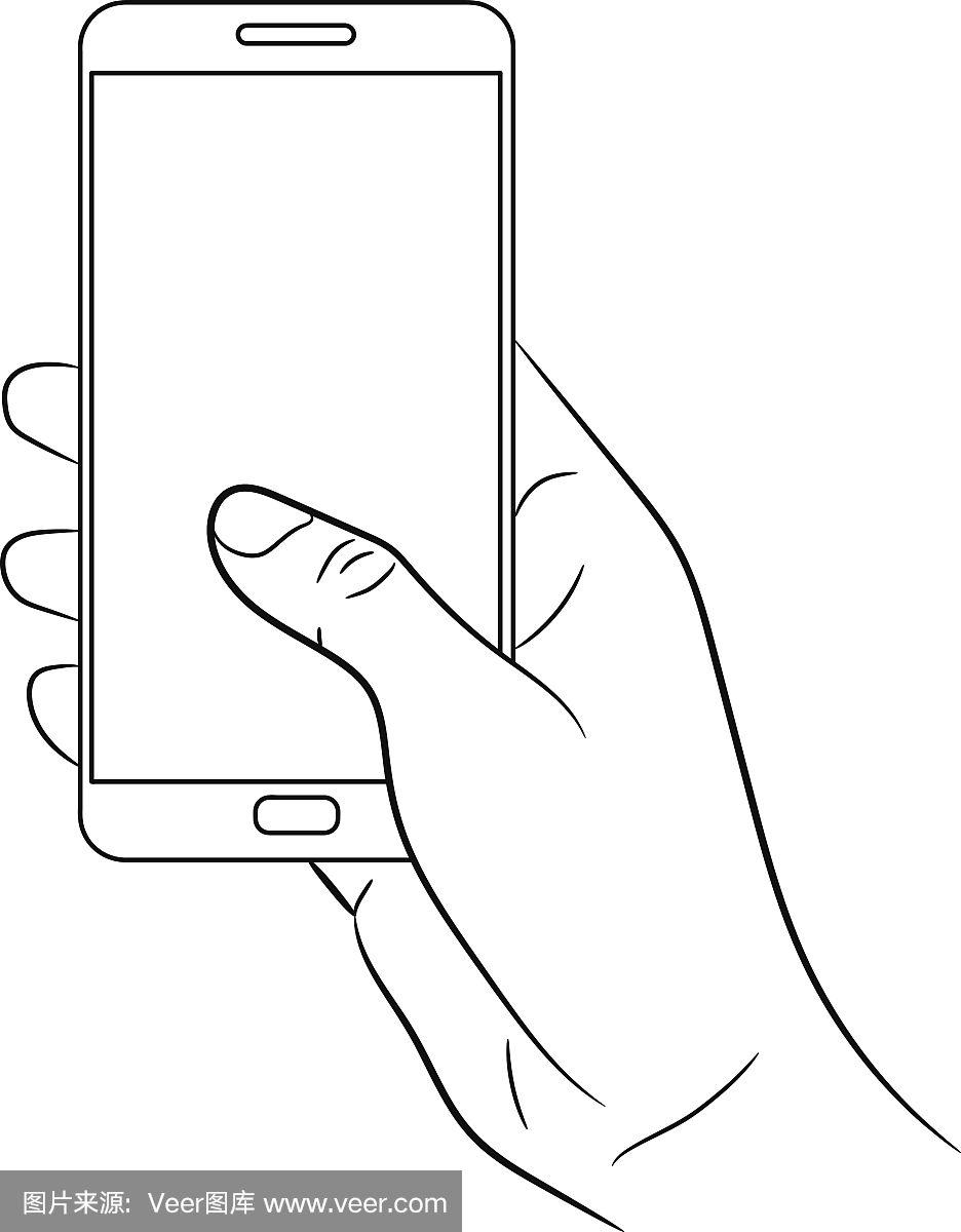 女性手持智能手机在白色背景单色矢量插图