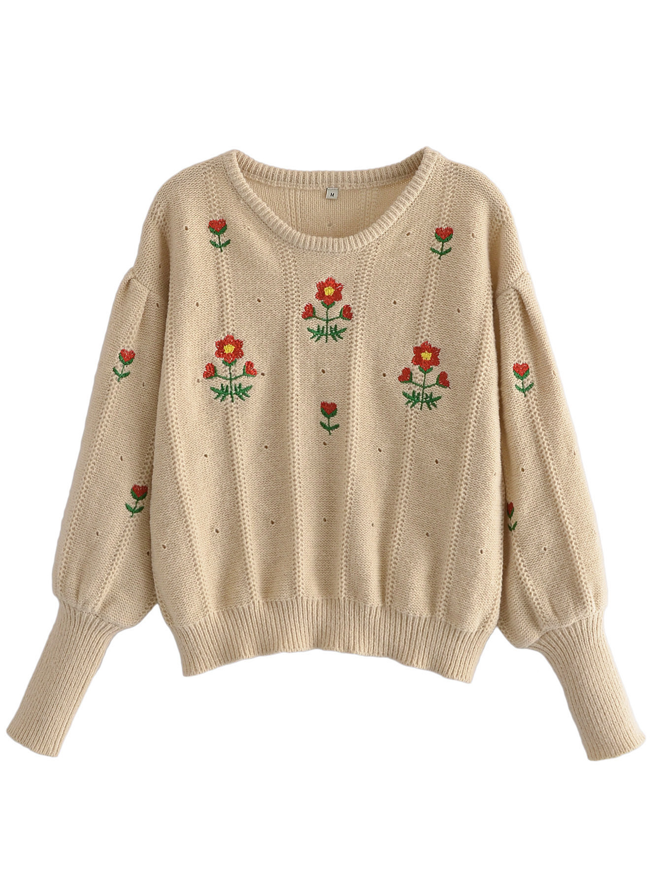 女装批发欧美风 花朵绣花圆领套头宽松针织衫毛衣