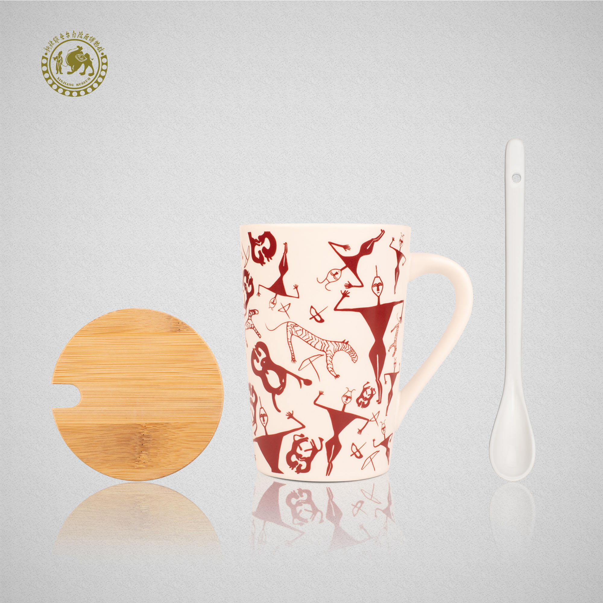 新疆博物馆创意白瓷水杯子咖啡杯马克杯带盖勺个性文创生日礼物 55.