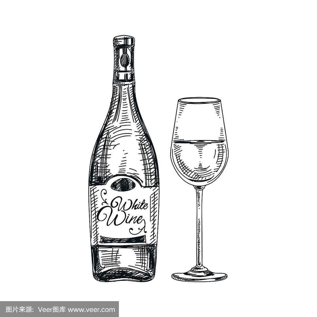 矢量手绘玻璃和酒瓶的葡萄酒插图