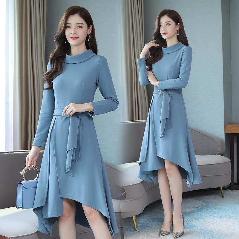 女装特卖京东购物商城官网蘑菇街穿搭雾霾蓝女春连衣裙过膝裙超仙