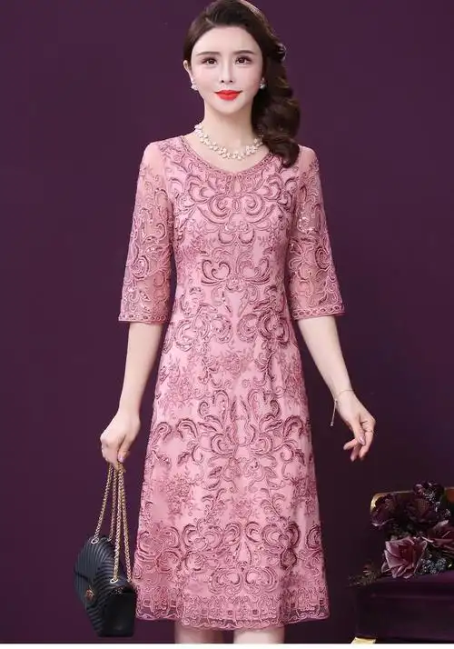 喜婆婆婚宴中年女士婚礼春夏款年轻喜婆婆婚宴礼服高贵岳母婚庆连衣裙