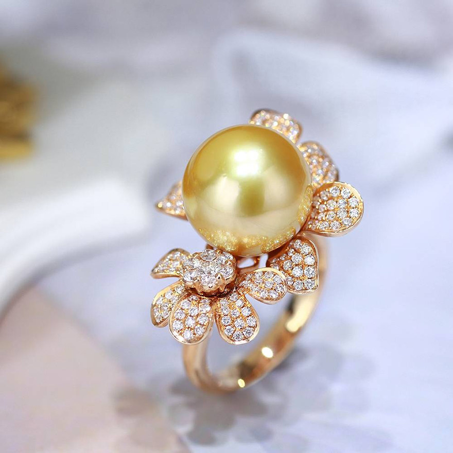 【南洋金珠】12-12.5mm甄选正圆浓金色18k金钻石海水珍珠戒指g010