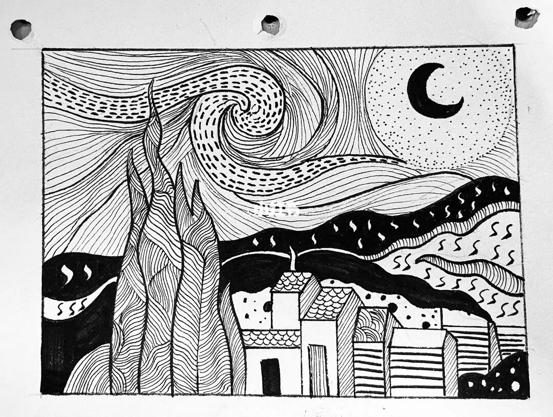 临摹#美术考编  #美术技能  #黑白装饰画  #世界名画 #梵高 #星月夜