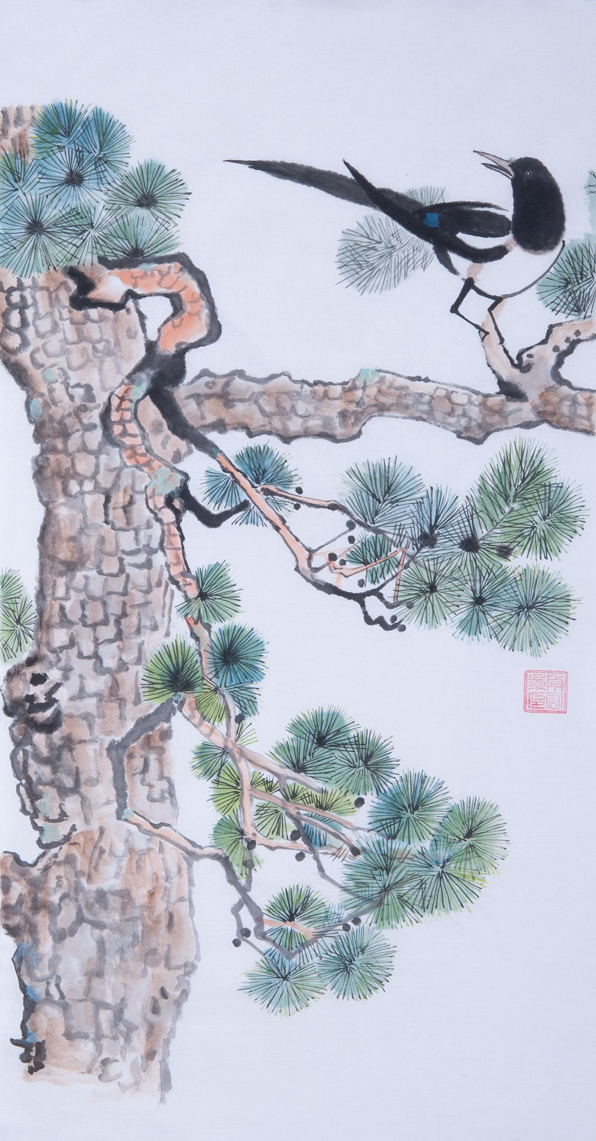 纯手绘真迹中国画写意画水墨画松树喜鹊字画条幅客厅餐厅中式挂画