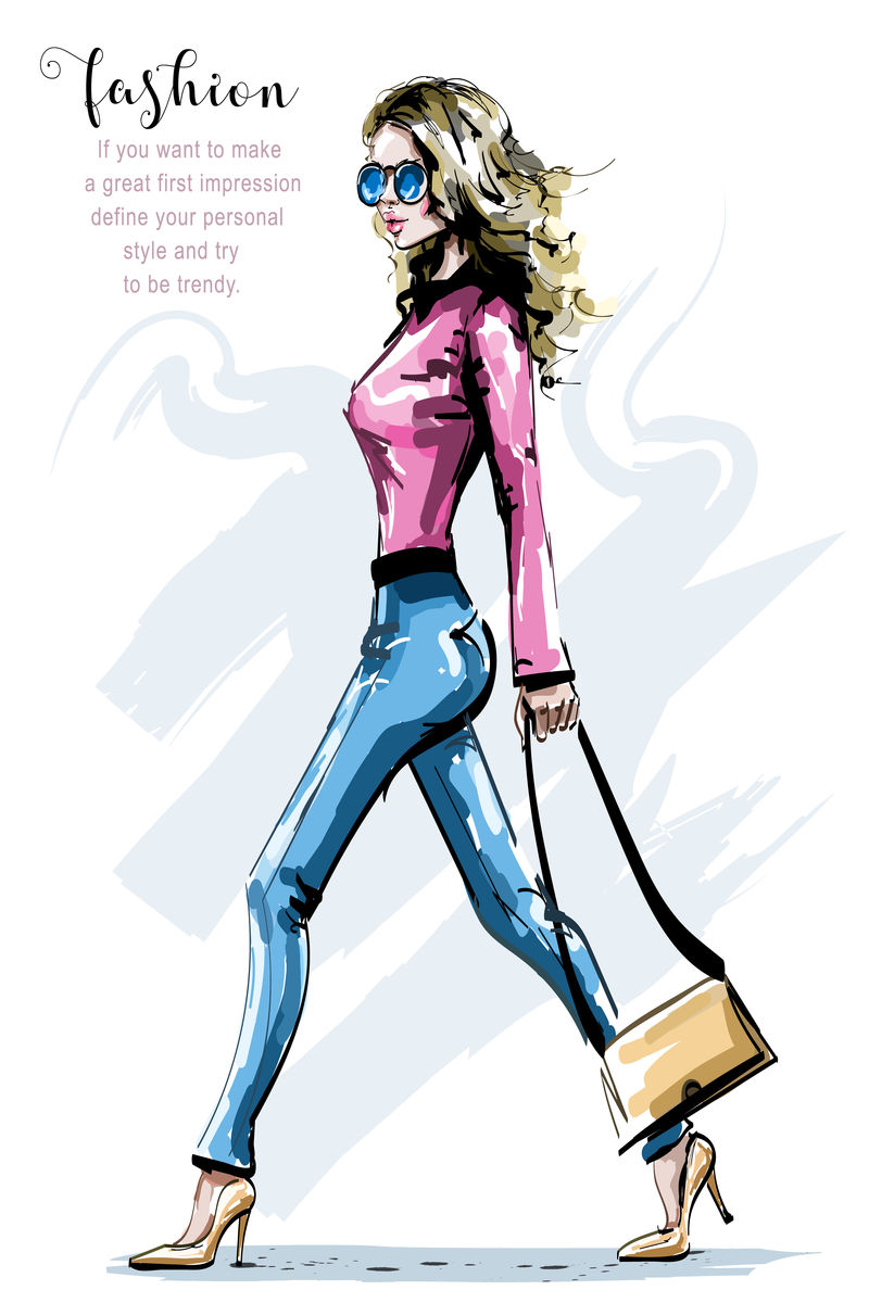 手绘的漂亮女郎带着包-时尚优雅的女孩走路-戴太阳镜的时尚女性-草图