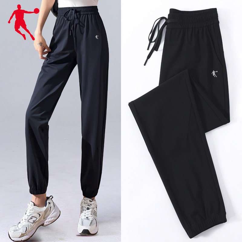 乔丹运动裤女裤2023夏季薄款速干休闲裤宽松束脚高腰长裤黑色裤子