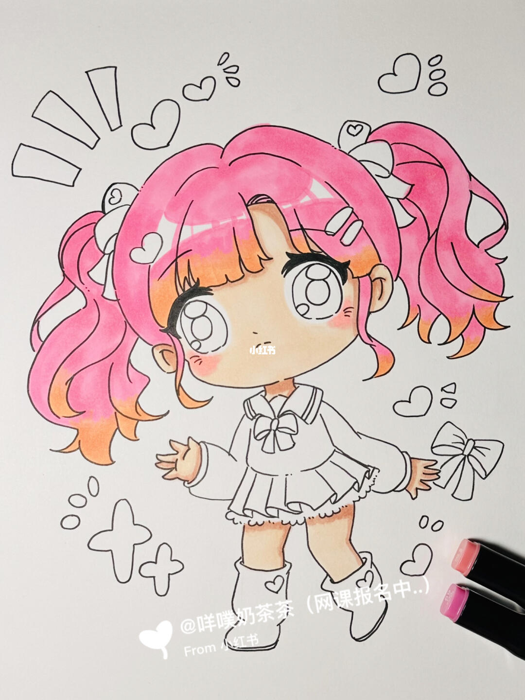 q版动漫马克笔绘画可爱双马尾女孩