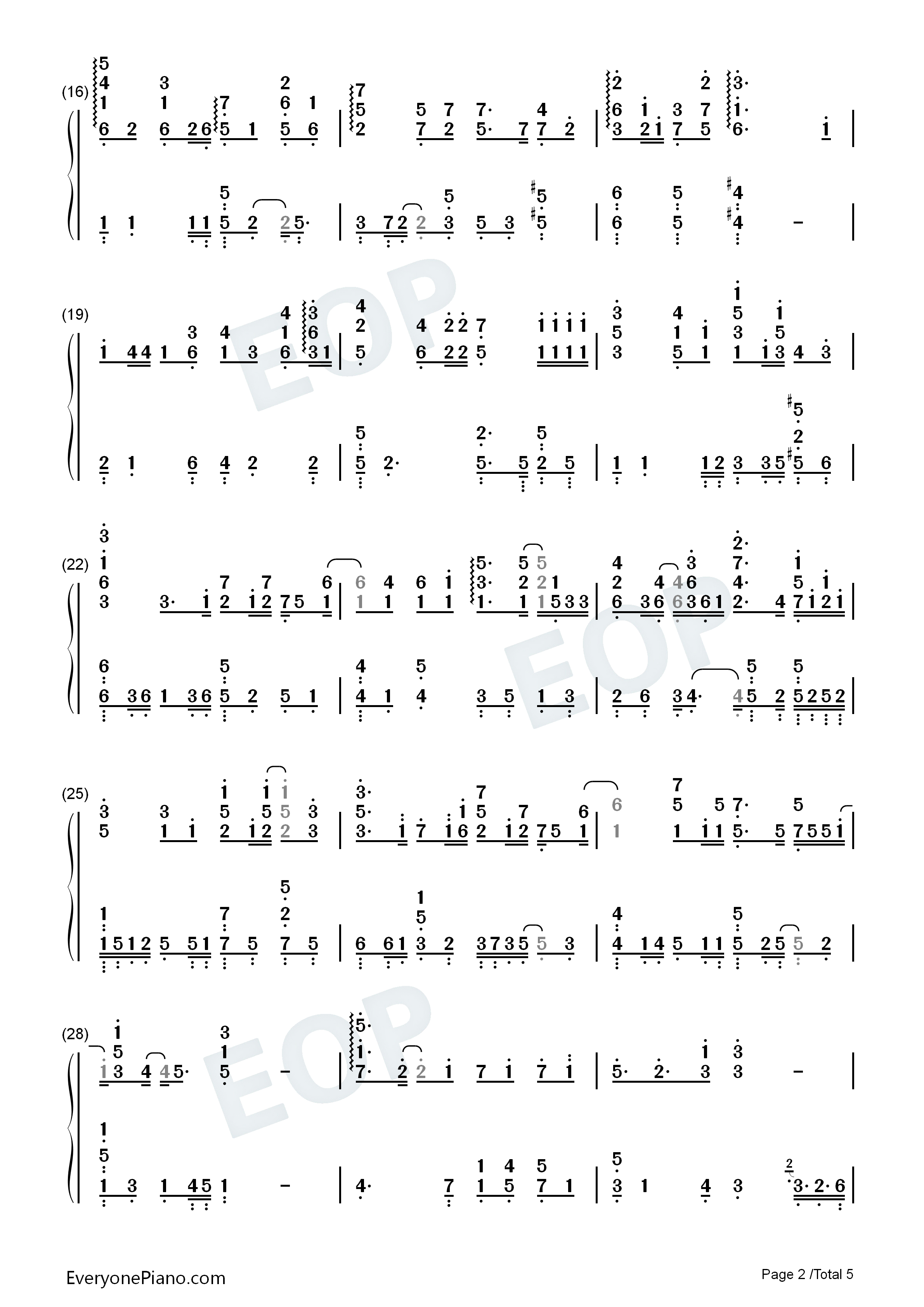 后来遇见他-胡66双手简谱预览2-钢琴谱文件(五线谱,双手简谱,数字谱