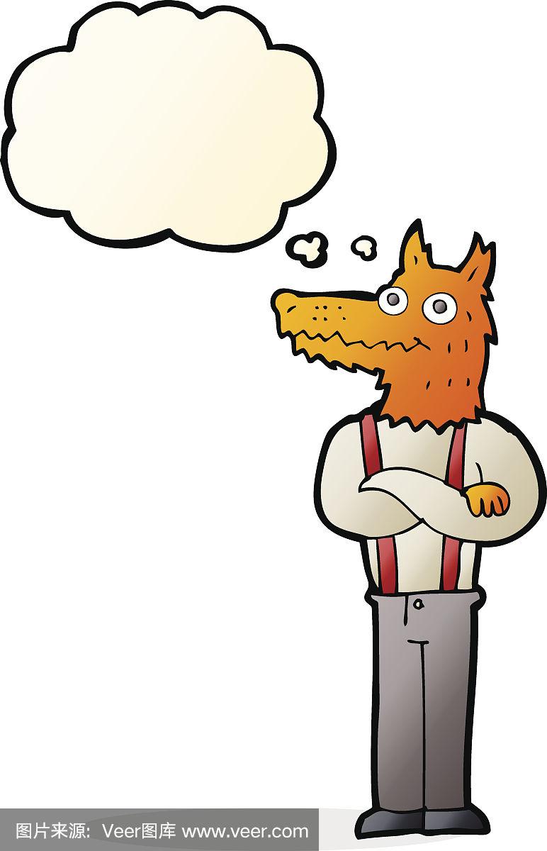 卡通滑稽的狐狸与思想泡泡