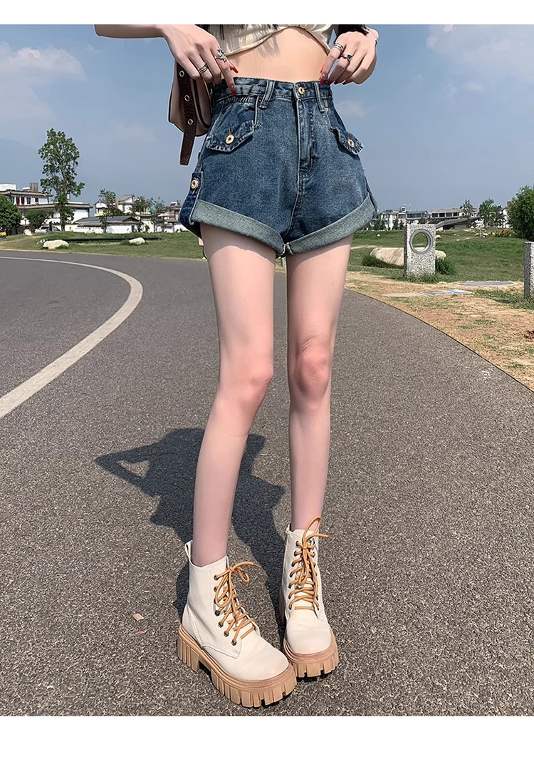 夏季复古卷边高腰大码牛仔短裤女薄款修身显瘦a字包臀阔腿热裤… - 17