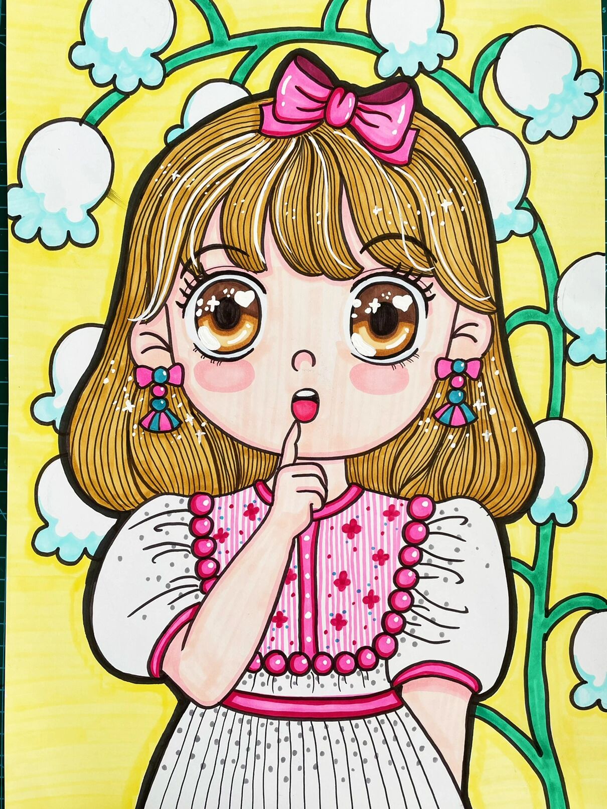 马克笔动漫女孩 q版动漫,春天,女孩,风铃花,马克笔绘画.