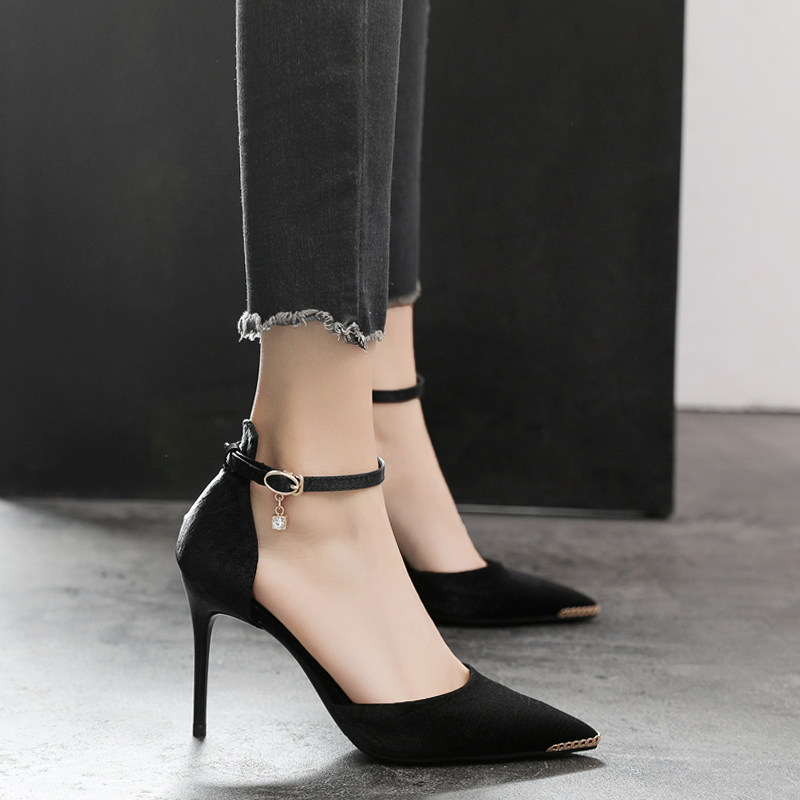 包头凉鞋女30小码313233大码41一43胖宽脚一字带细跟尖头高跟单鞋