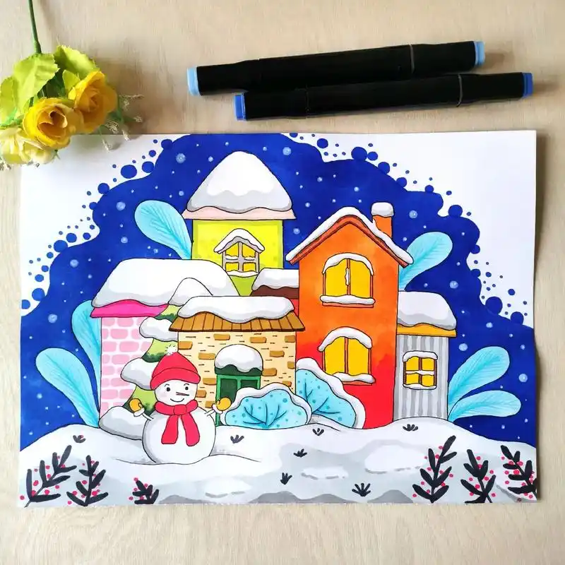 冬天主题:雪地小屋.#简笔画 #儿童画 #手绘 #马克笔 # - 抖音