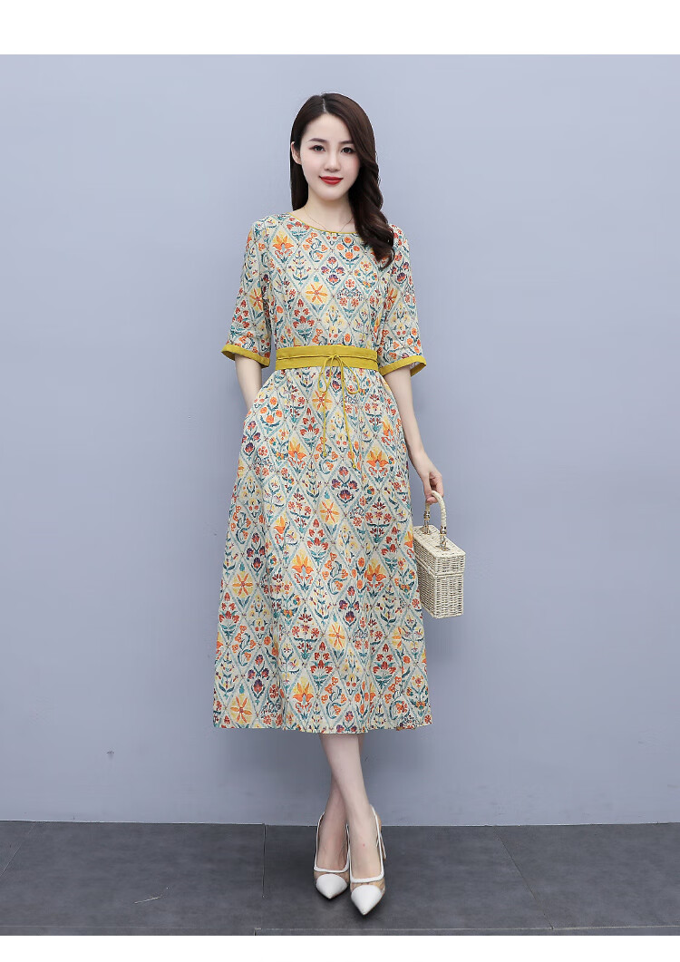 气质中长款裙子时尚休闲小碎花棉麻连衣裙女显瘦减龄新品图片色xxl