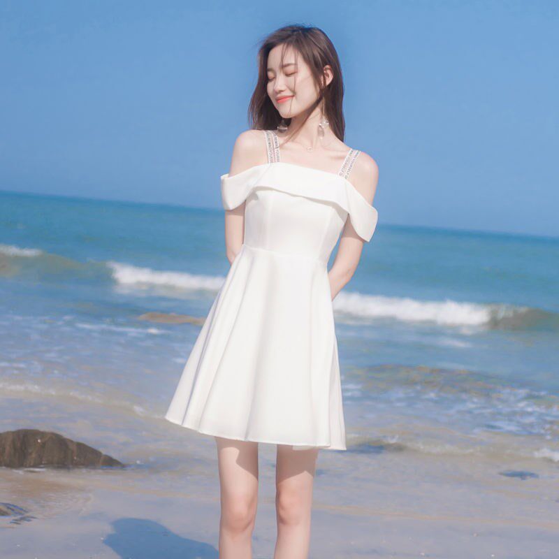 连衣裙女夏矮个子2020新款潮白色一字肩仙女吊带裙短款性感a字裙