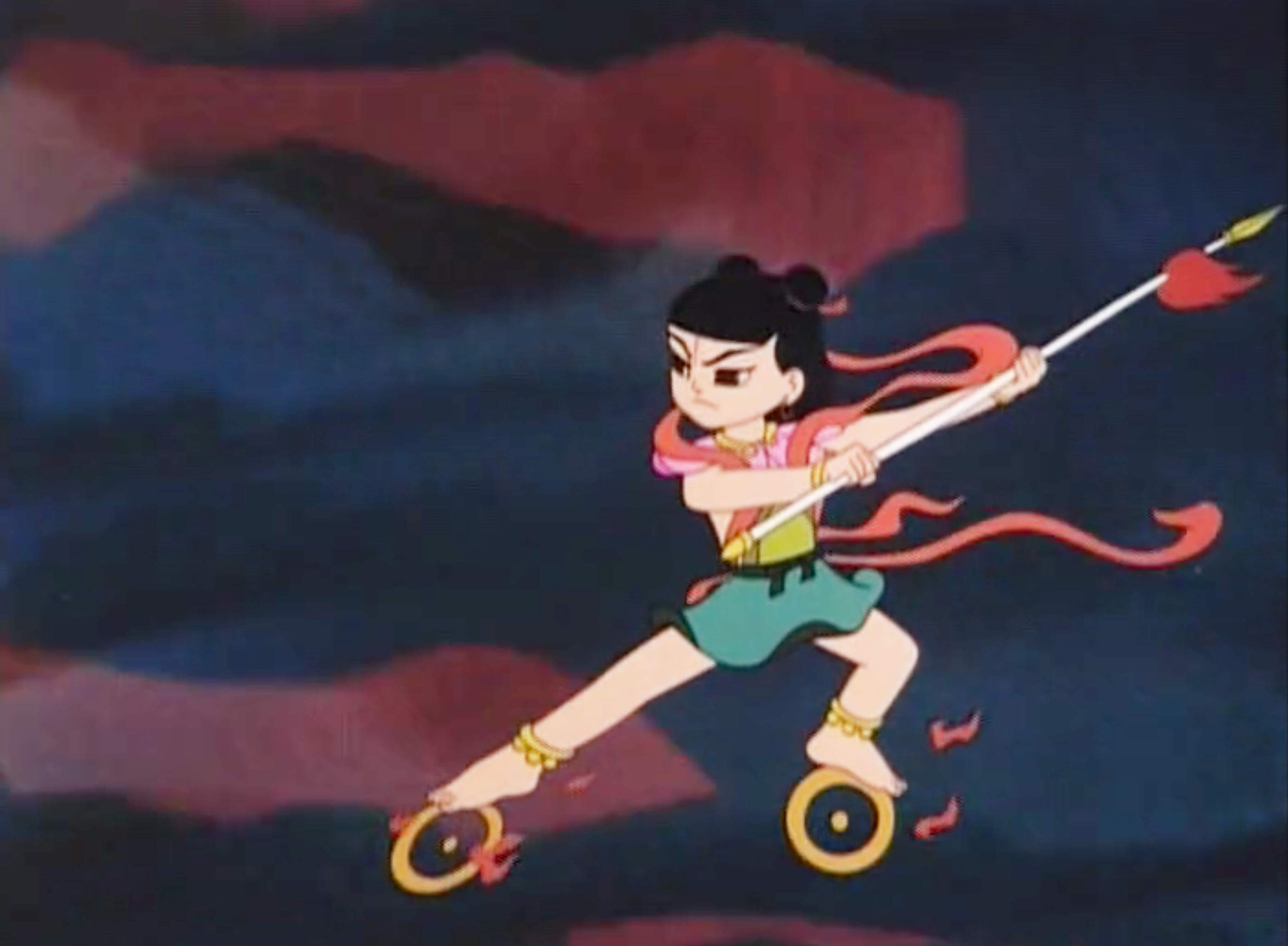 哪吒脚踩风火轮,手持火尖抢