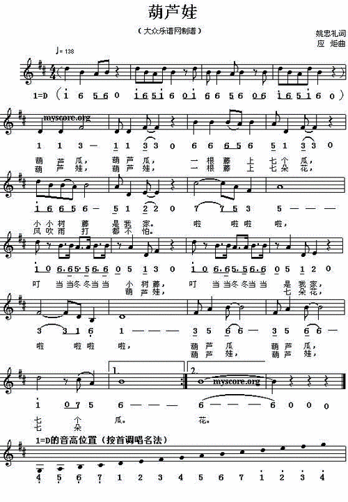 葫芦娃 歌谱 简谱,五线谱