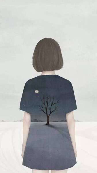 想找一个短发女孩背影有树和月亮的图片