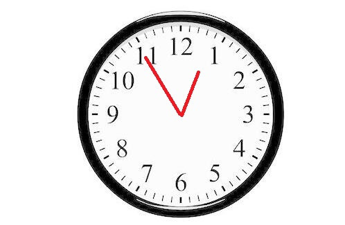 钟面上时针指向12和1之间,分针指向11,现在的时间是多少