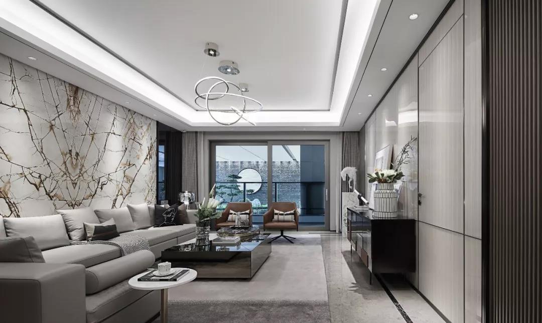 大平层设计:现代轻奢风沙发背景墙的大理石真的很大气 [微风][微风]