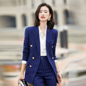 中长款条纹小西装外套2020春秋韩版休闲英伦风职业西服套装深蓝色