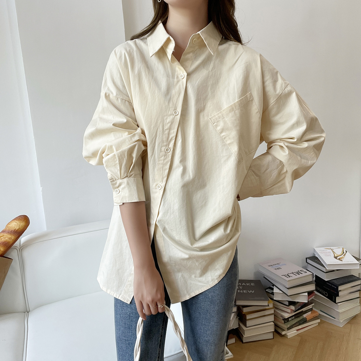 莉之绮 韩版宽松长袖衬衫女中长款纯色斜门襟纽扣防晒衬衣111146