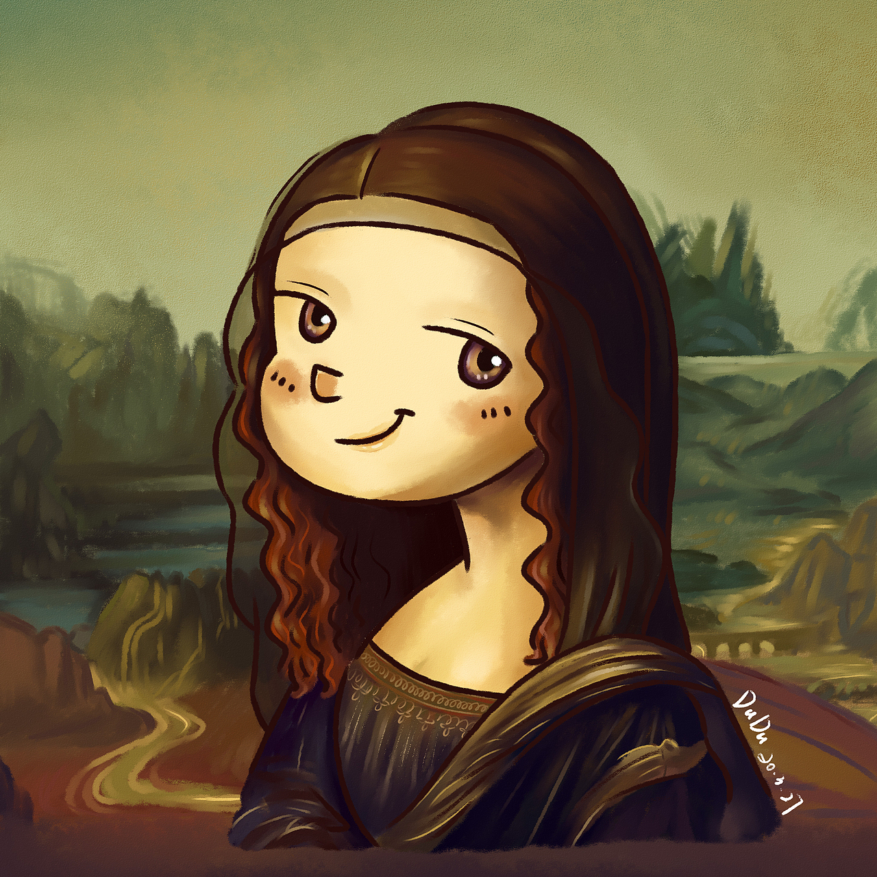 手绘插画蒙娜丽莎笑起来真好看