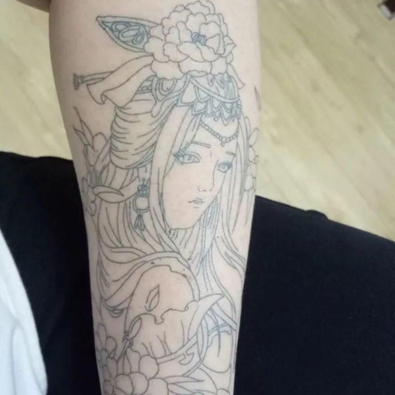 一张 割线虞姬线条刺青色艺妓花臂纹身贴貂蝉滴泪艺伎防水持久逼真