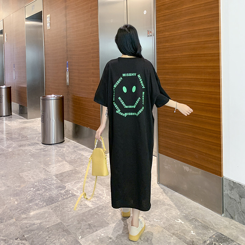加大码女装胖mm夏装梨形身材微胖长裙纯棉短袖炸街裙子宽松懒人裙