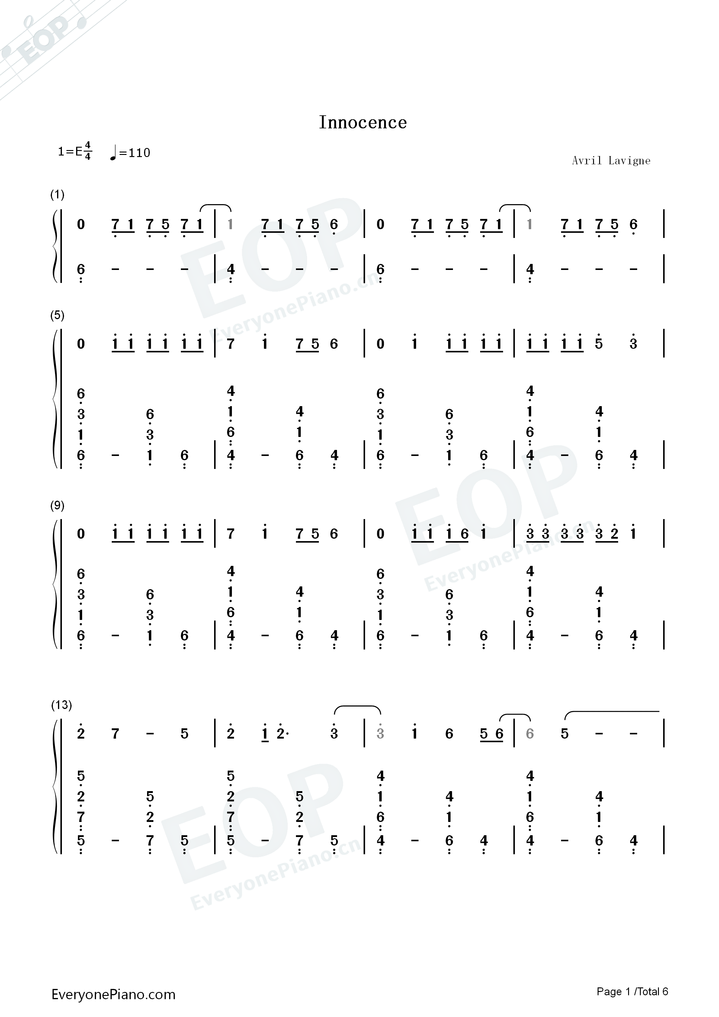 innocence-艾薇儿·拉维妮双手简谱预览1