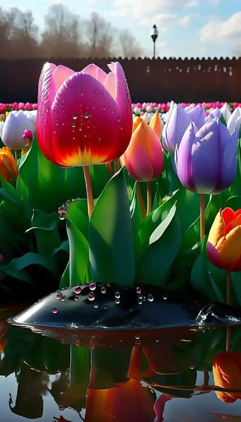 满园的七彩郁金香花海.雨后美丽的七彩郁金香花,五六朵花带花蕾 - 抖