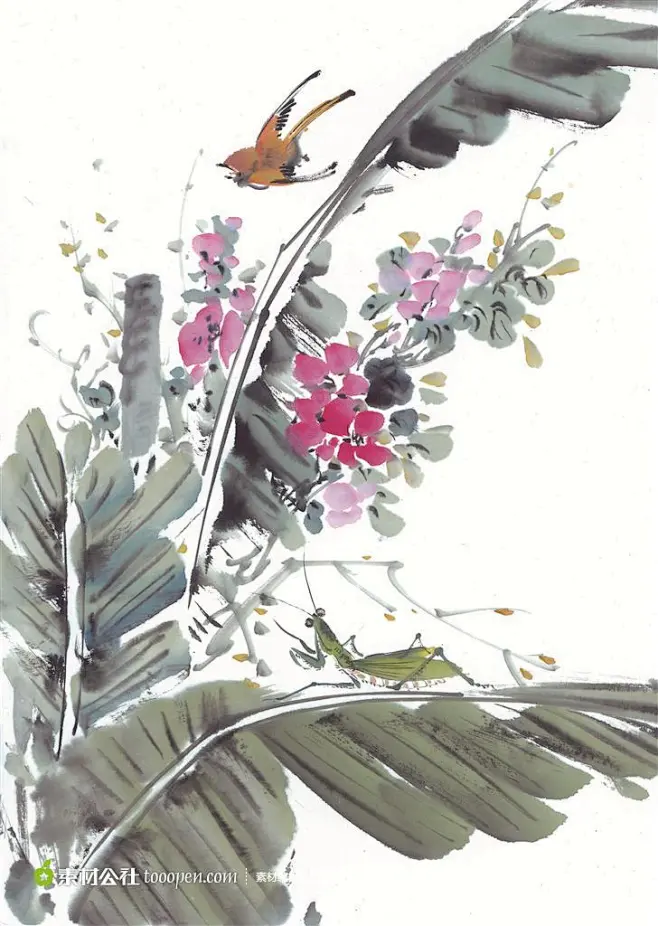 水墨飞鸟芭蕉叶