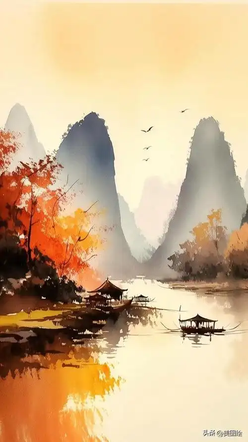 古风水墨画:漓江山水美如画