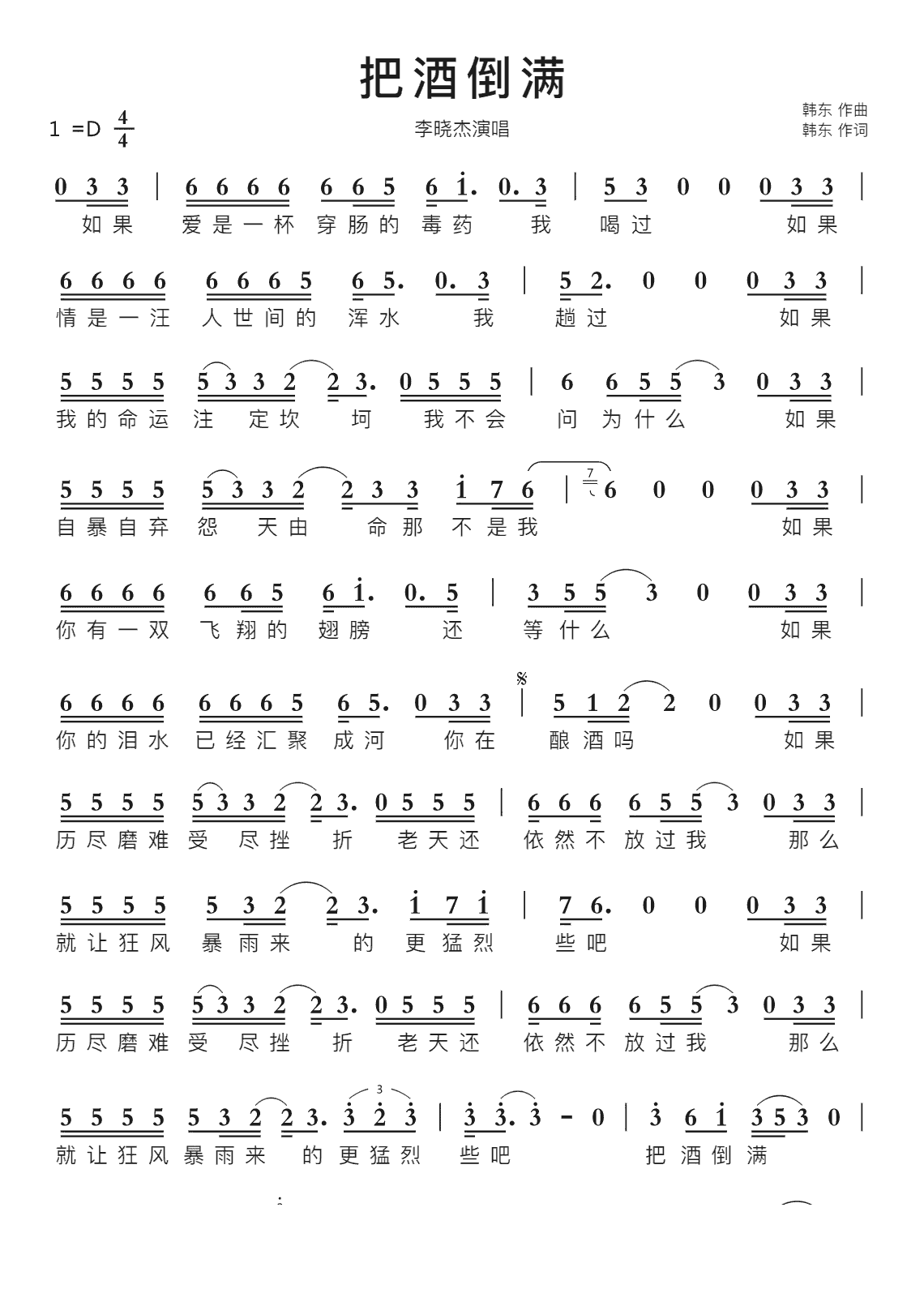 把酒倒满智能简谱李晓杰演唱