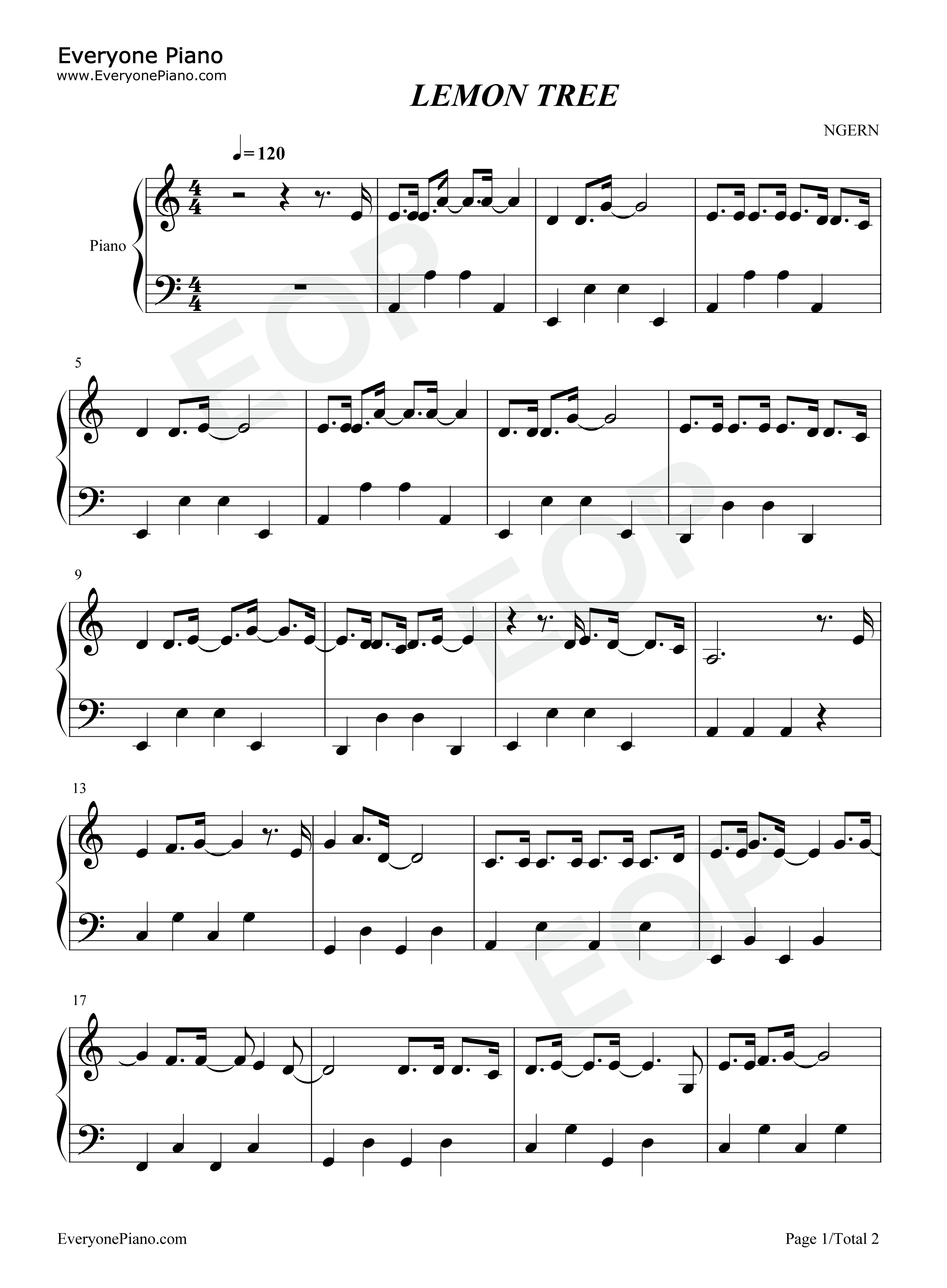 lemon tree-c调简单版五线谱预览1