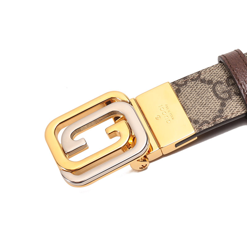 古驰gucci男士帆布皮革方形互扣式双g搭扣不可裁剪双面旋转皮带腰带