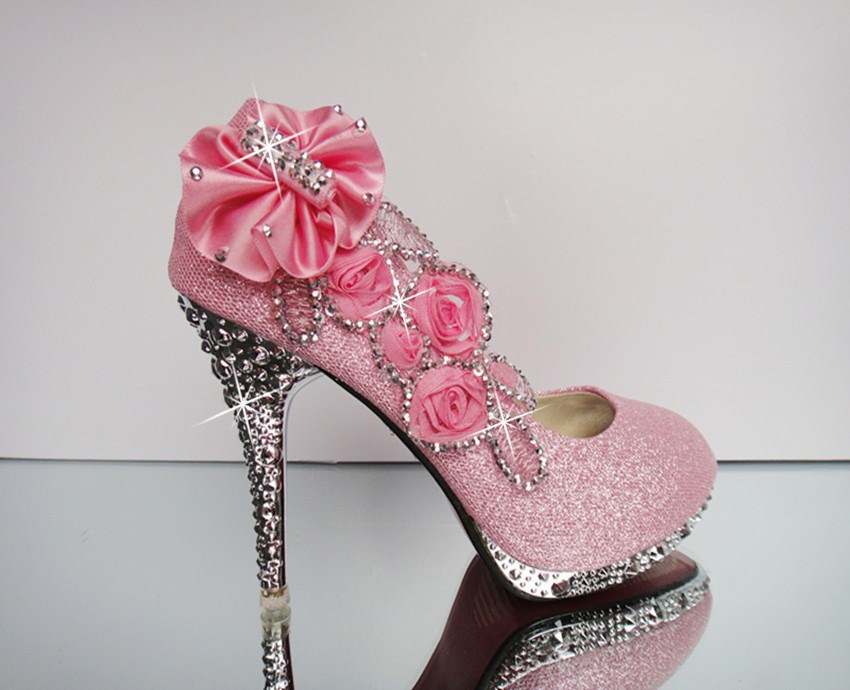 景秀姜山18岁礼新娘公主女生水钻婚鞋女圆头水晶鞋高跟鞋鞋细跟红色中