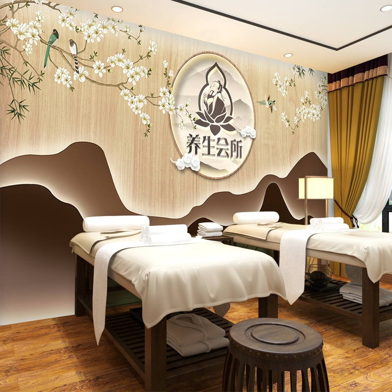 新中式养生会所美容院墙纸中医馆采耳店装修足浴店前台背景墙壁纸图案