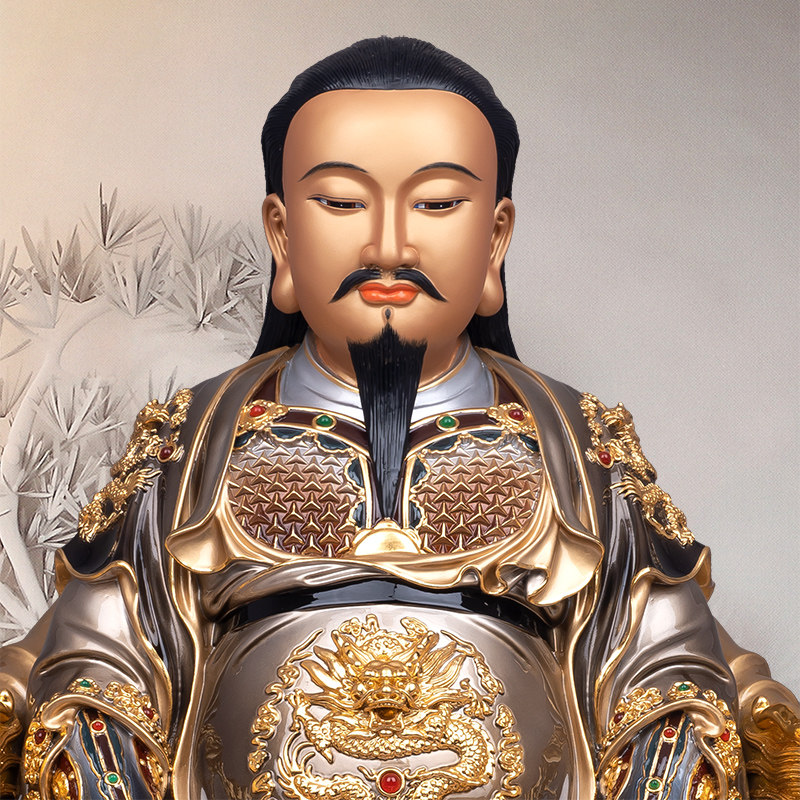 台湾纯铜真武大帝道家玄天上帝神像铜雕彩绘装饰摆件