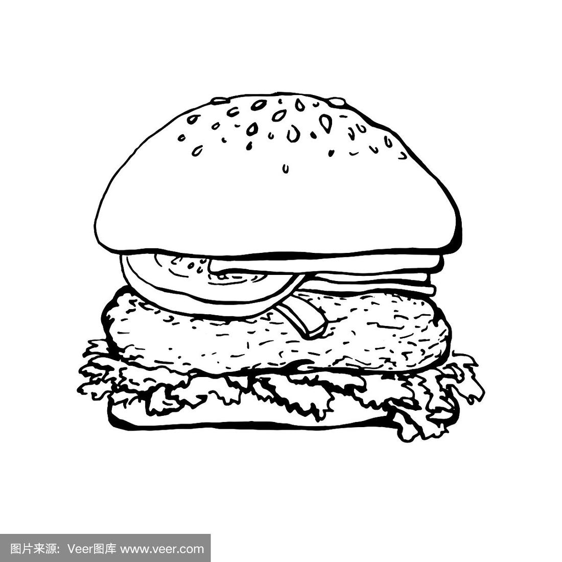 一个汉堡的素描孤立在白色的背景.矢量图