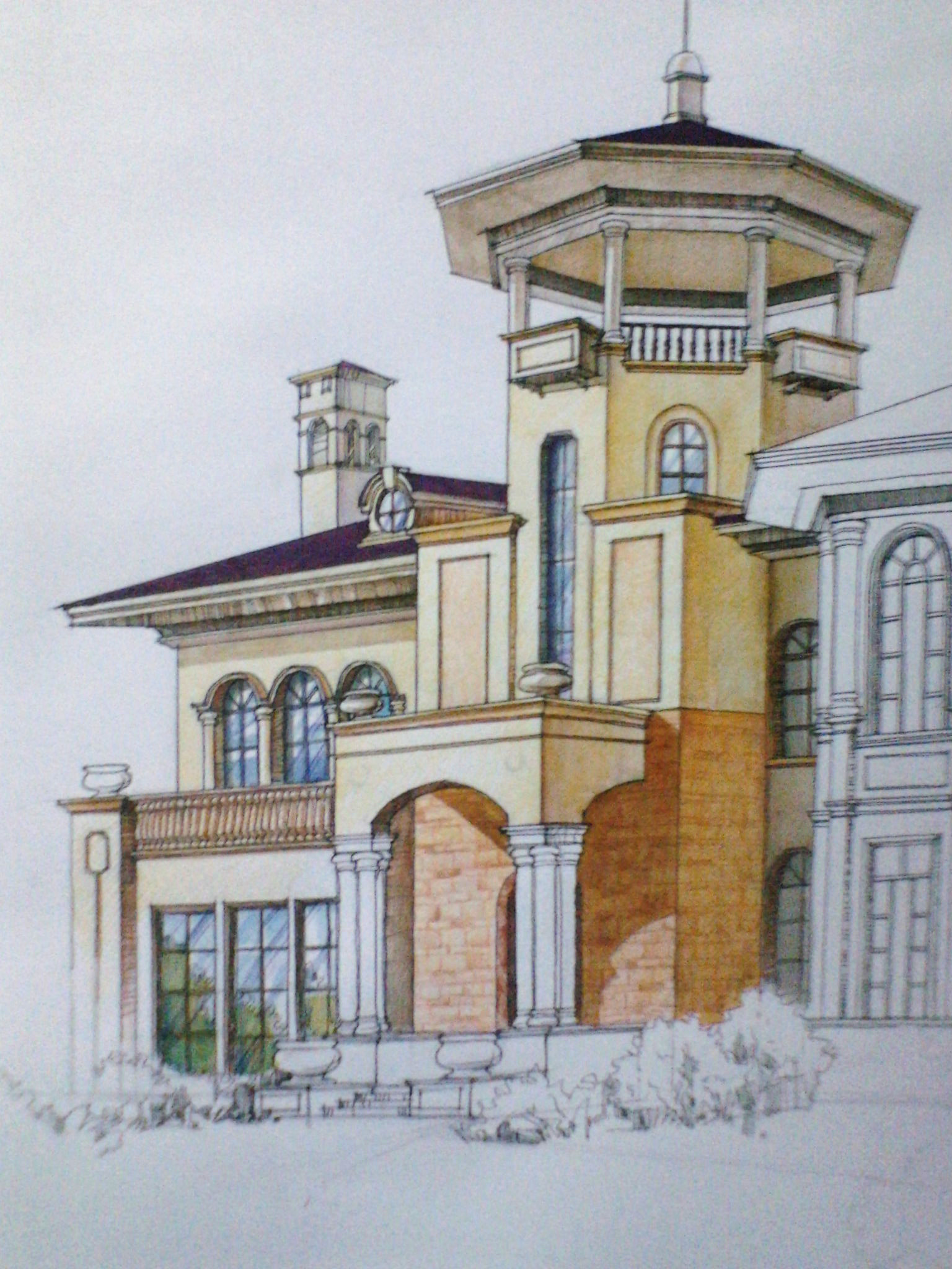 欧式风格别墅外观手绘效果图(上色步骤)|空间|建筑设计|翁小峰_原创