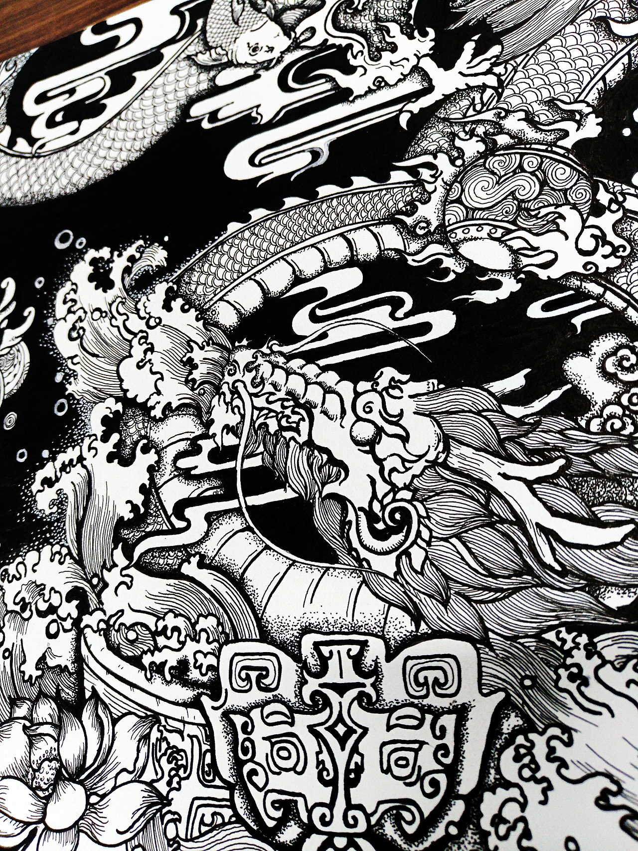 降龙——黑白插画 中国风 龙