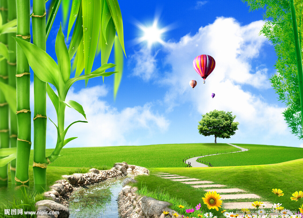 蓝天白云竹子风景图片