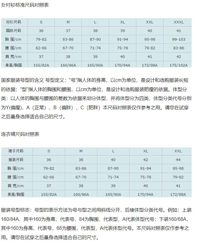 中国女装标准尺码对照表(2017)