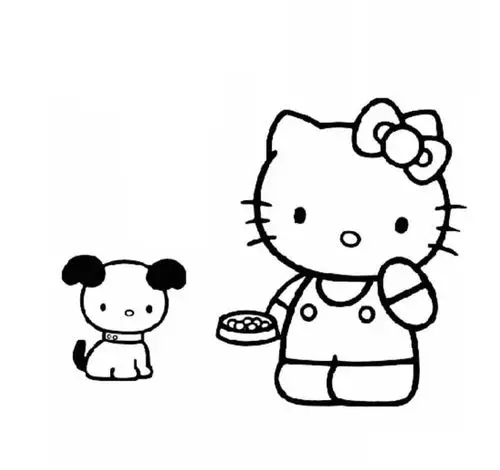 给小狗喂食的凯蒂猫简笔画图片欣赏